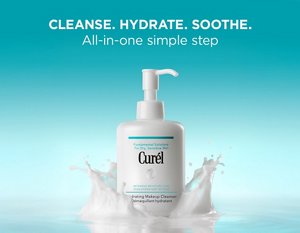 Curél Hydrating Makeup Cleanser surrounded by splashing milky texture